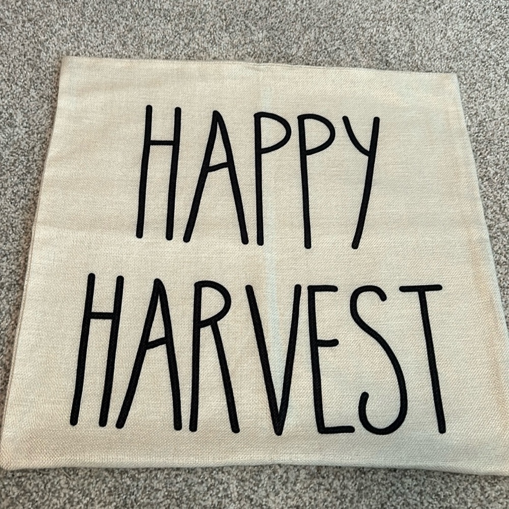 HAPPY HARVEST throw pillow cover black natural zipper bottom 17x17.5”autumn